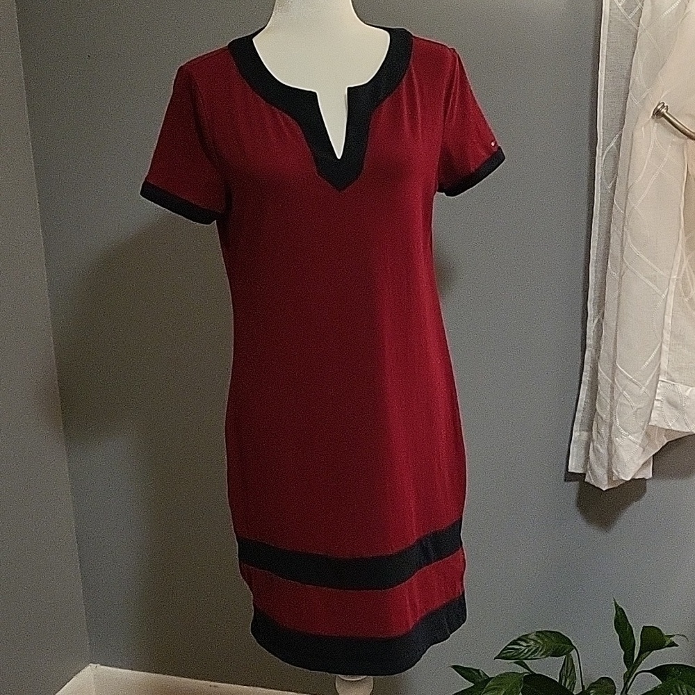 Tommy Hilfiger Logo Maroon and Blue Pullover Cotton Slit Neck Dress - Size M